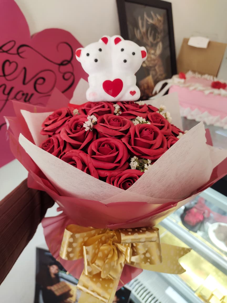 Teddy Artificial Rose Bouquet with Glittered & Scented rose view 3